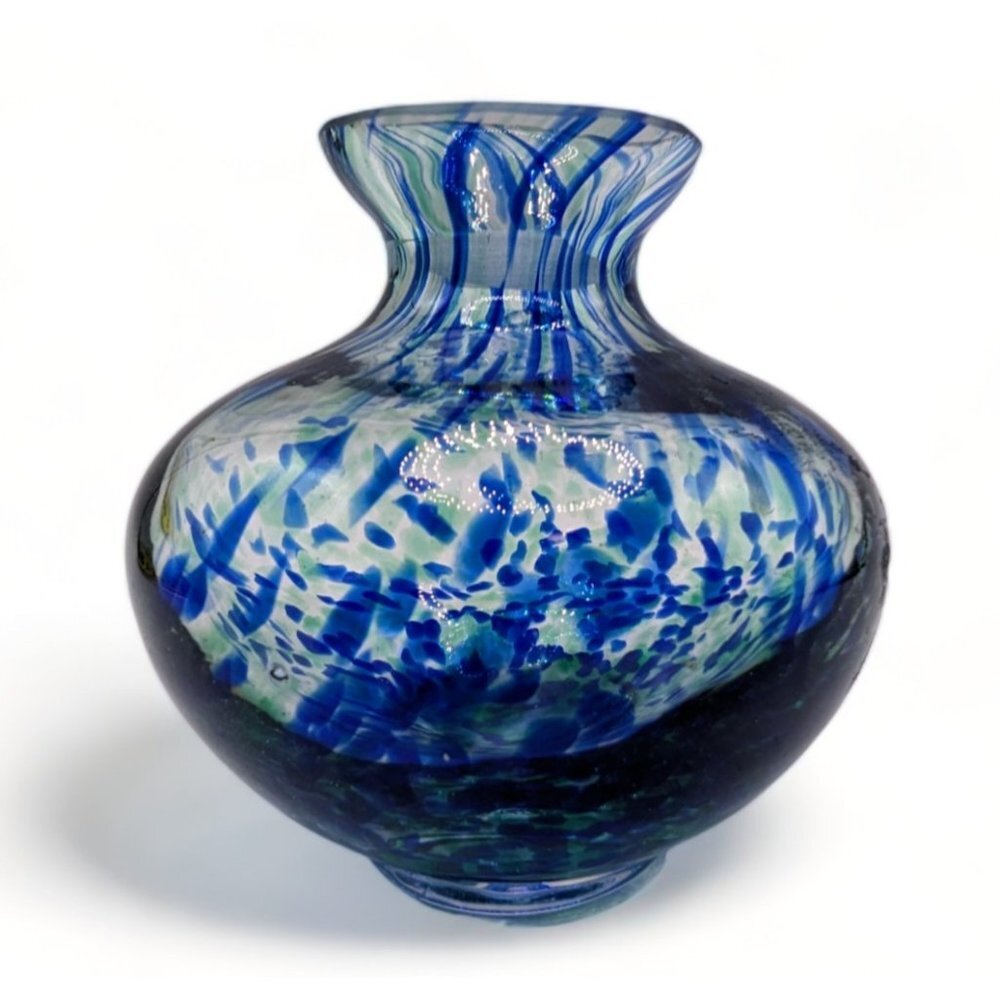 Blue and Green Swirl Art Hand Blown Vase Bottle Small